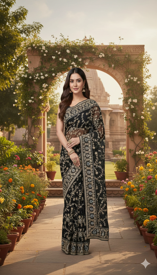 Black Net Saree with Zari Embroidery and Scalloped Border