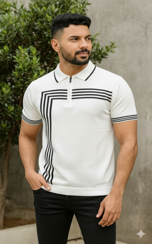 White Striped Zip-Neck Polo T-Shirt