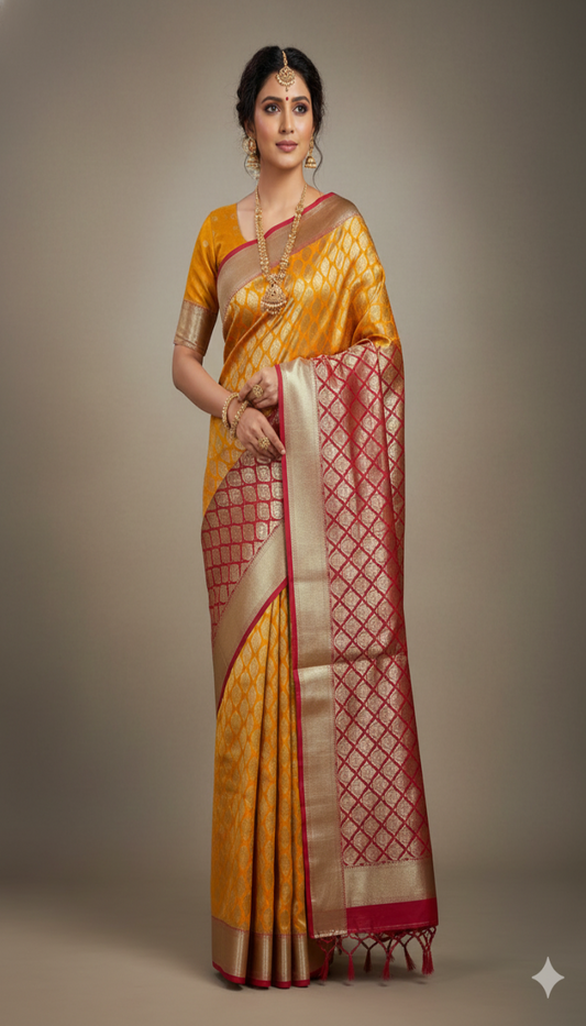 Banarasi Silk Saree in Crimson Red & Mustard Gold with Rich Zari Motifs