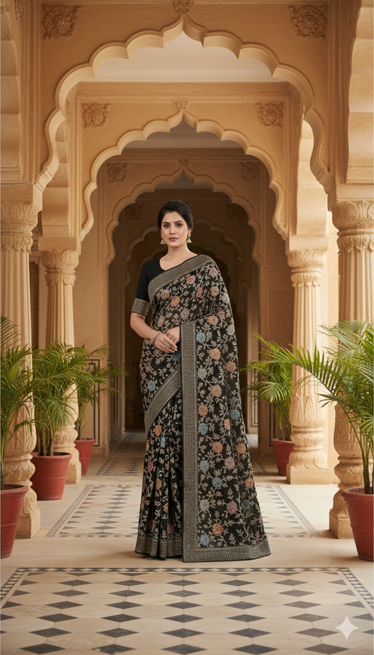 Black Embroidered Saree with Zari Work and Floral Motifs