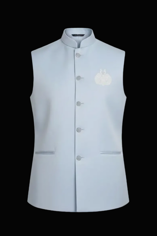 Blue Nehru Jacket with Subtle Embroidered Emblem