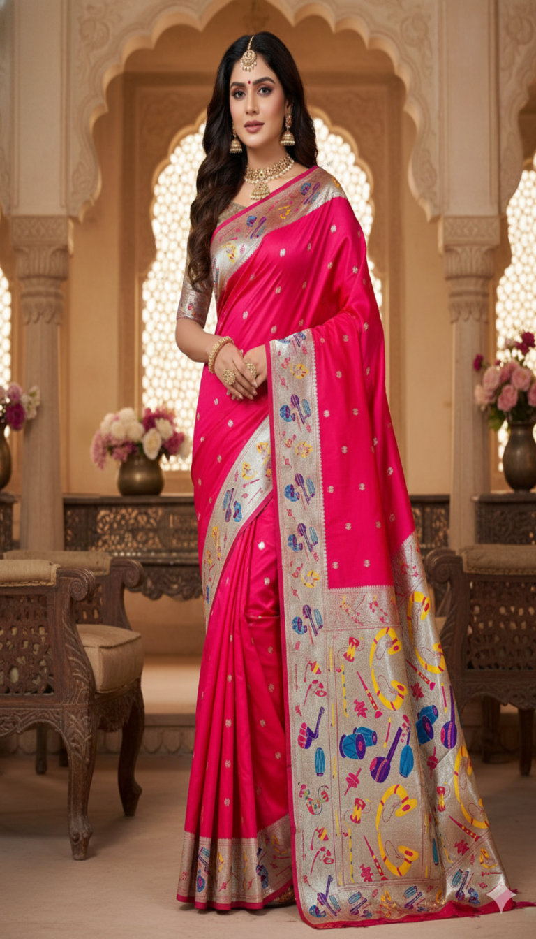 Red Silk Saree with Traditional Dandiya & Musical Motif Border