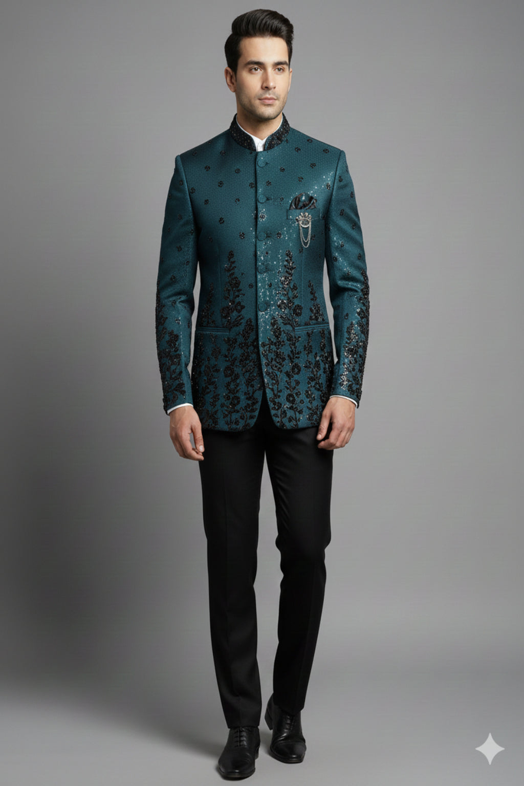Stitched Designer Suit With Unstitched Pant Fabric – Teal Black
