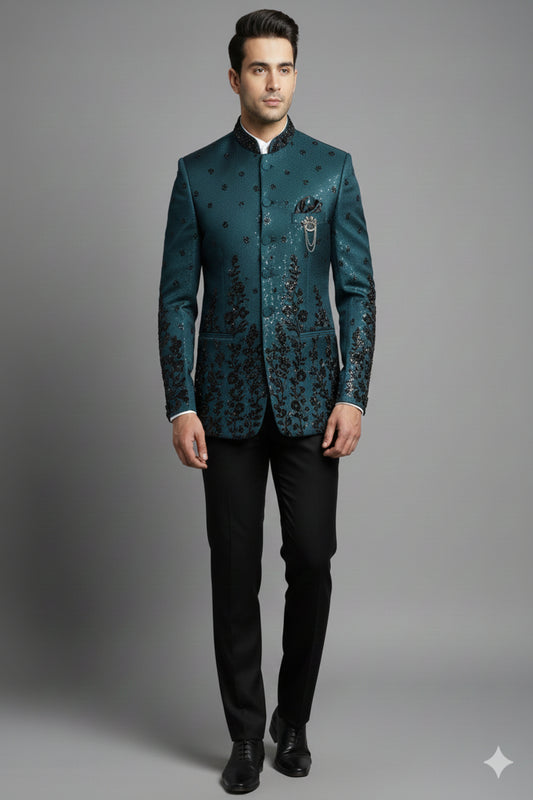 Stitched Designer Suit With Unstitched Pant Fabric – Teal Black