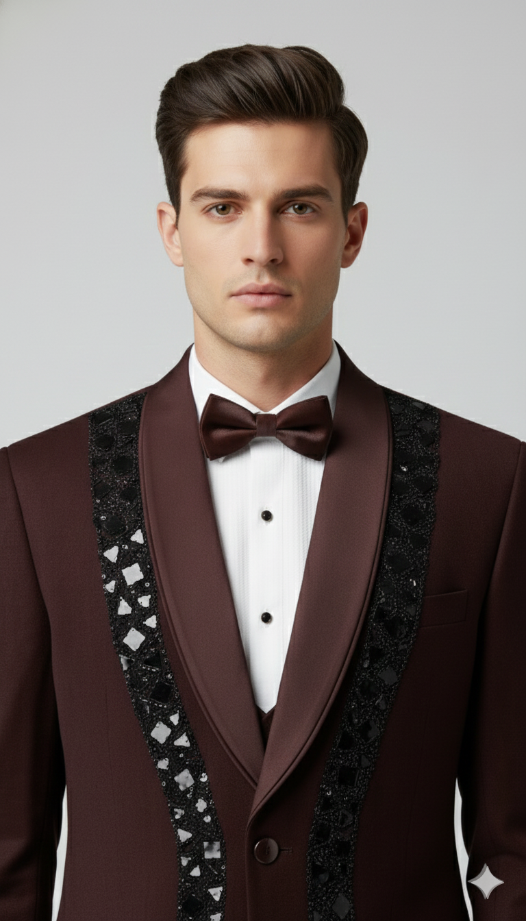 Wine Embroidered Tuxedo Suit - Crafted Just for You.