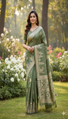 Sage Green Banarasi Silk Saree with Intricate Silver Zari Motifs