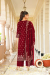 Maroon Embroidered Velvet Straight Suit Set