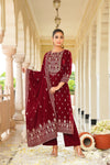 Maroon Embroidered Velvet Straight Suit Set