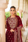 Maroon Embroidered Velvet Straight Suit Set