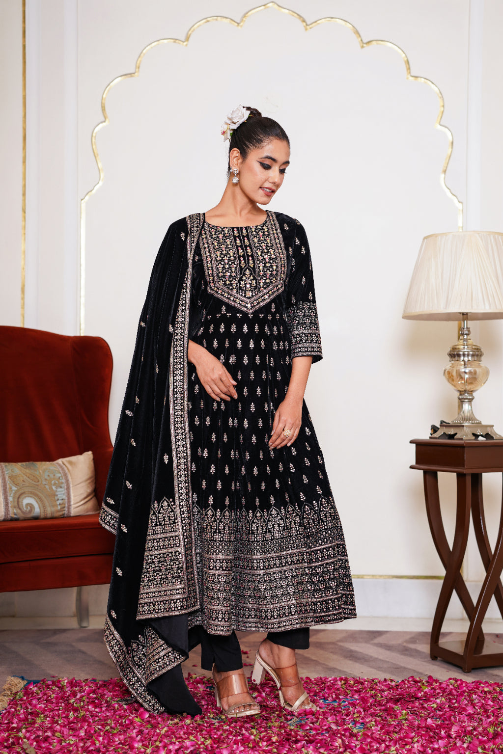 Black Embroidered Velvet Anarkali Suit Set