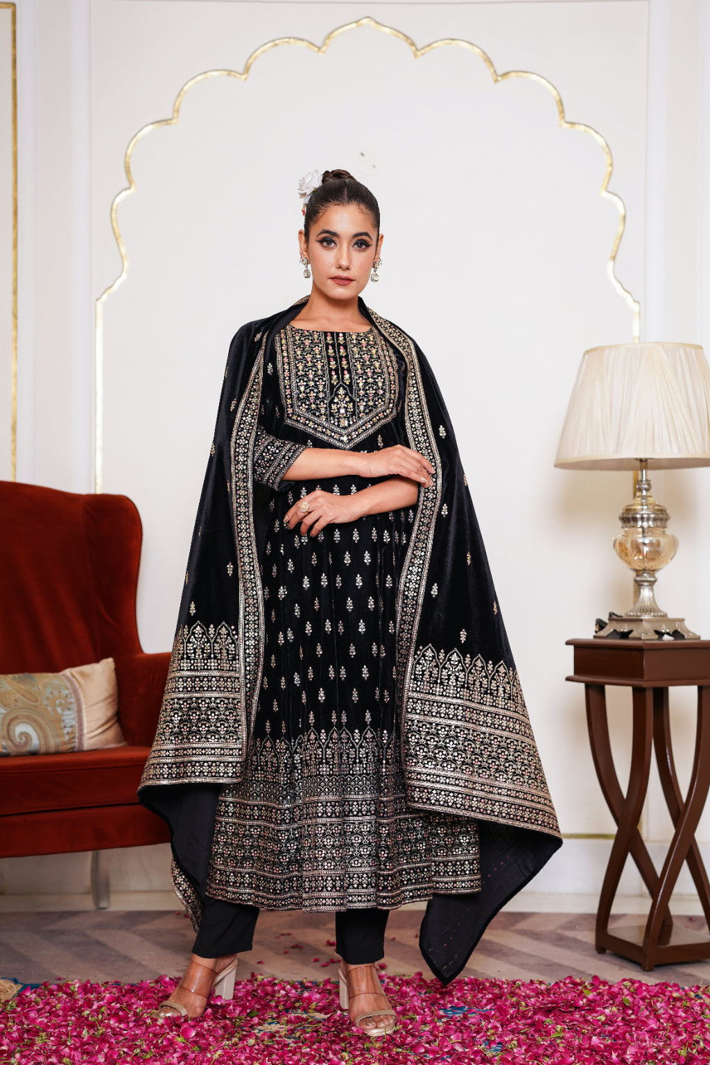 Black Embroidered Velvet Anarkali Suit Set