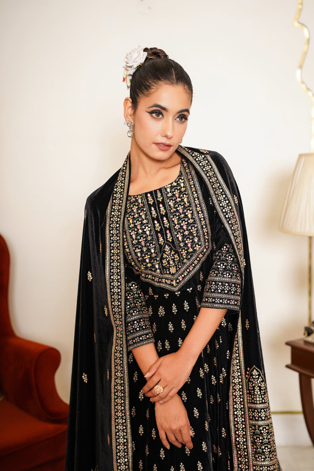 Black Embroidered Velvet Anarkali Suit Set