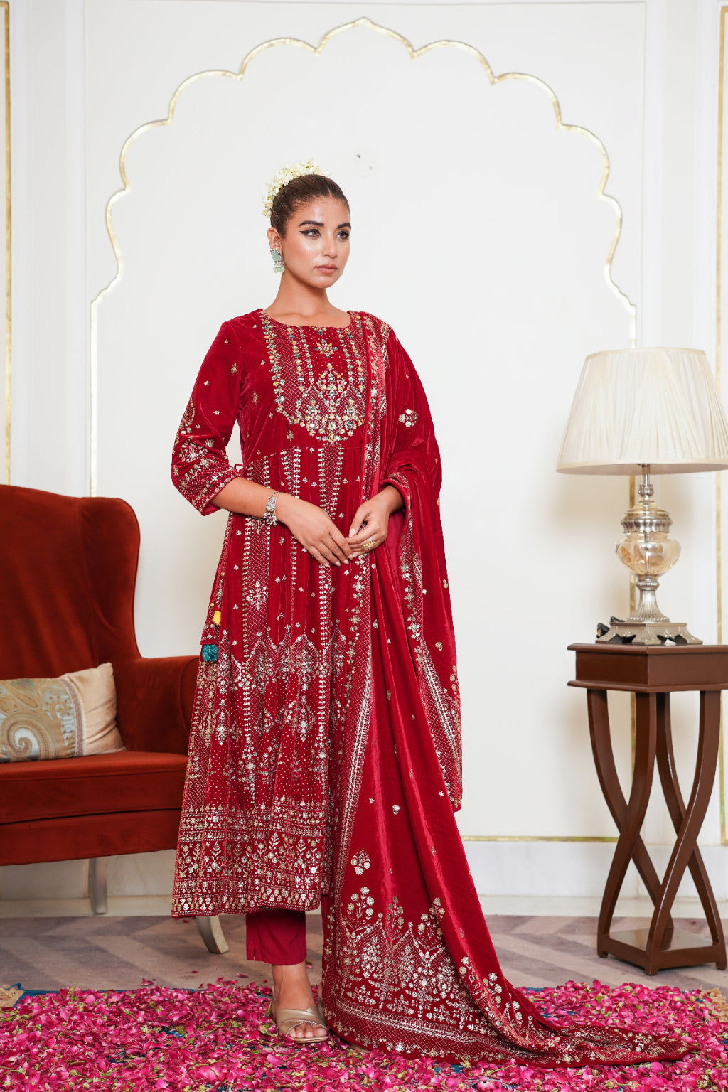Red Embroidered Velvet Anarkali Suit Set