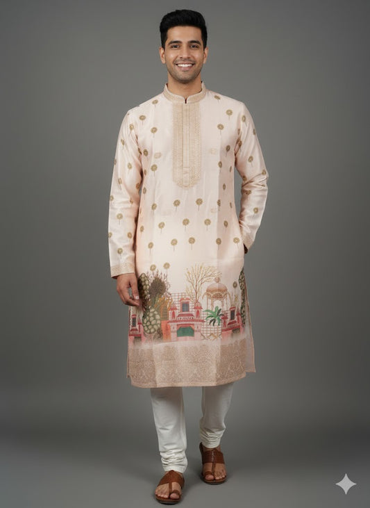 Premium Peach Architectural Print Designer Kurta