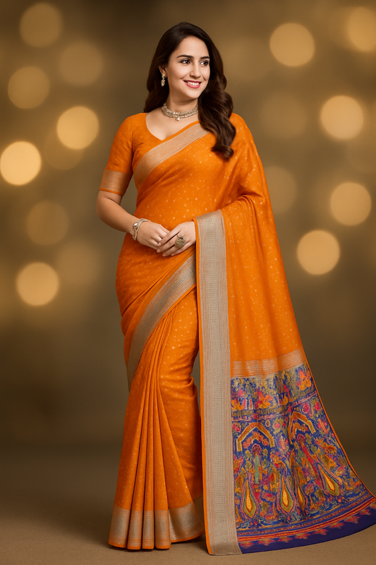 Bandhani Style Saree With Silver Zari Border
