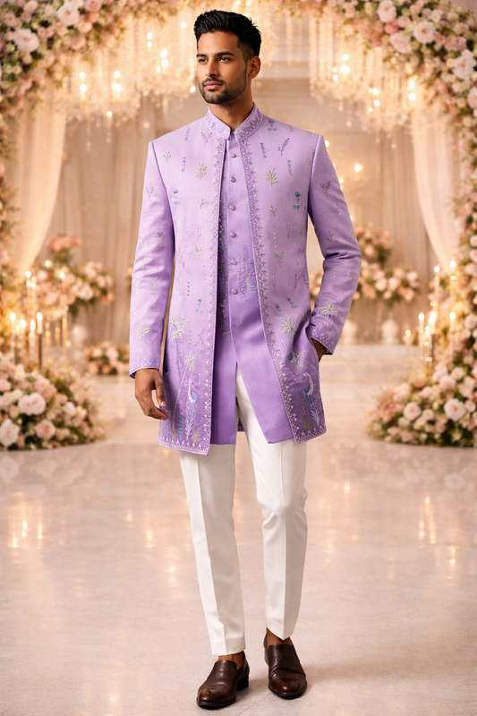 Men’s Lavender Embroidered Semi-Indo Western