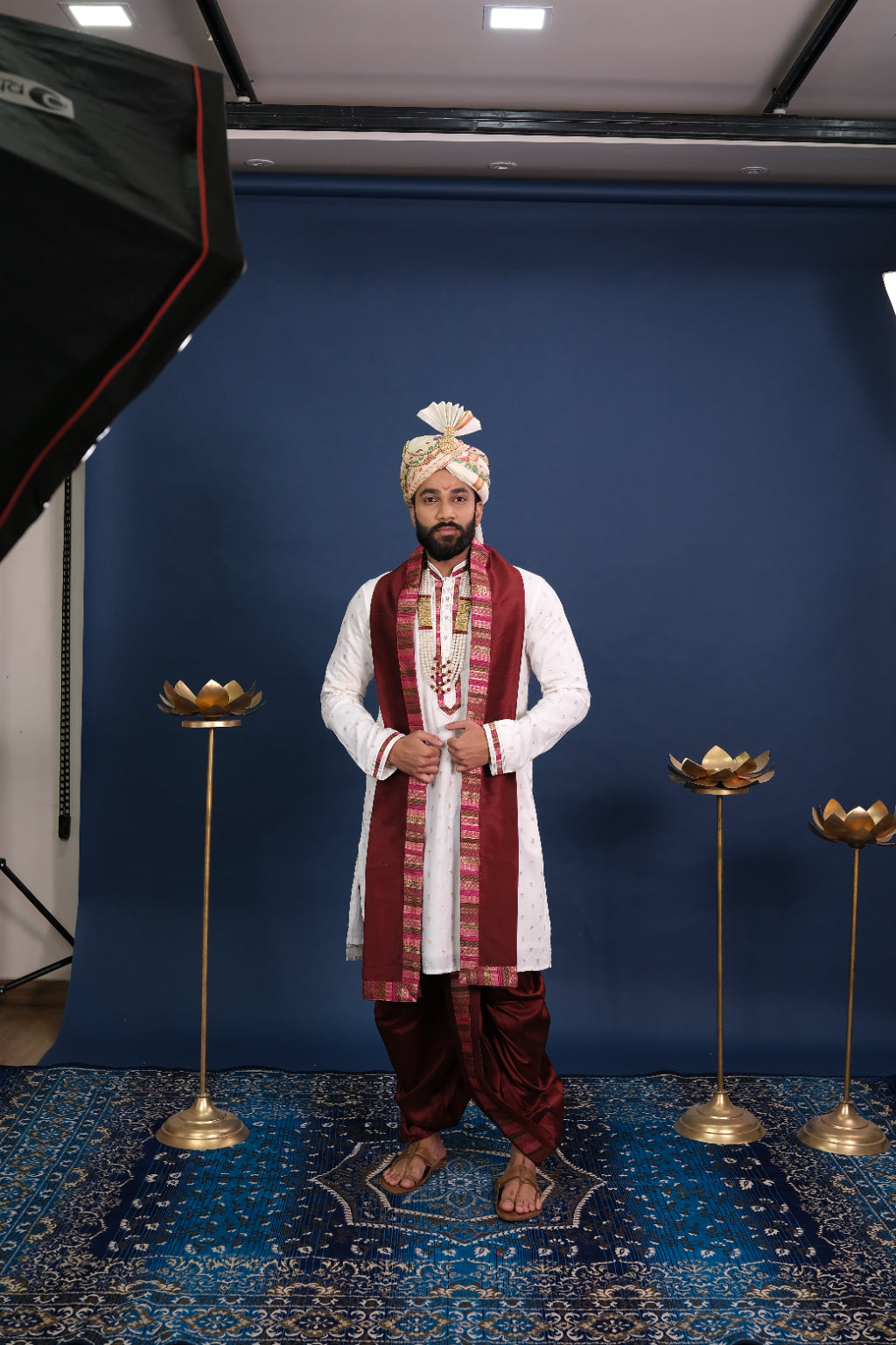 Classic White Sherwani with Maroon Traditional Draping