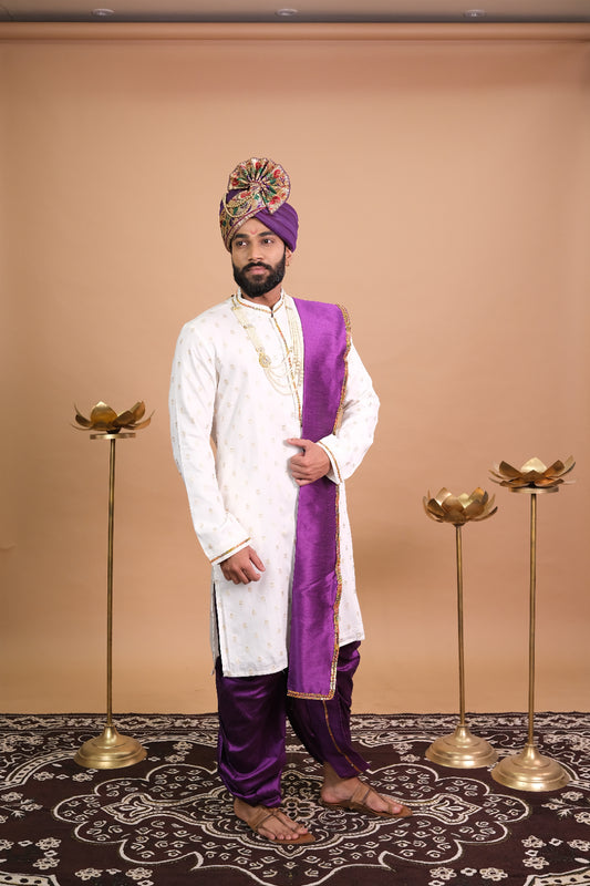 Elegant White & Purple Groom Sherwani Set