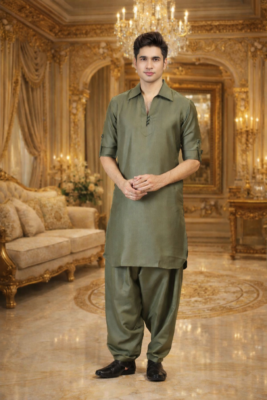 Men’s Olive Green Solid Ethnic Pathani