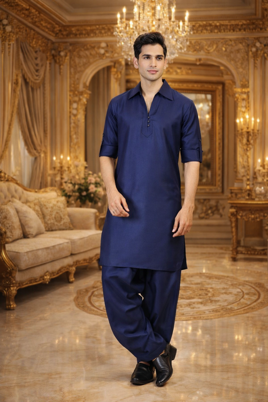 Men’s Navy Blue Solid Ethnic Pathani