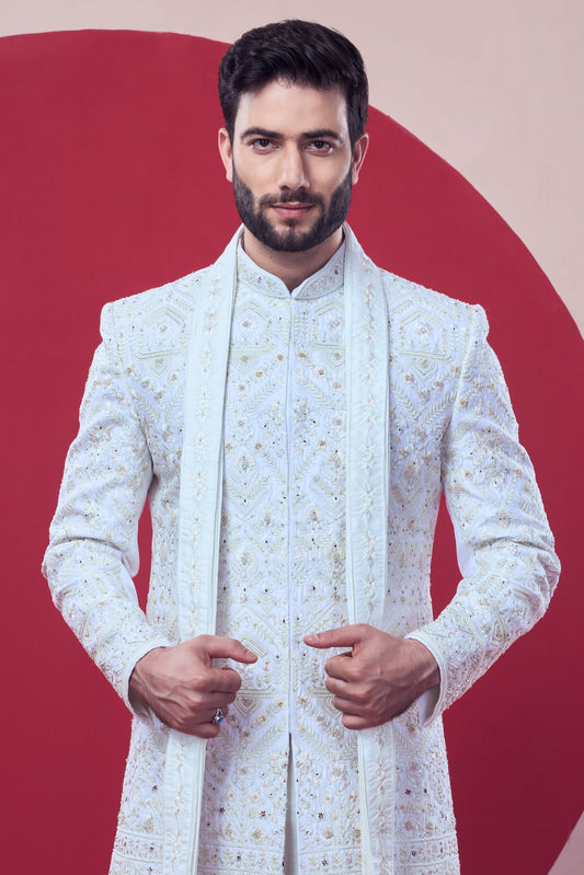 The Signature Collection - Royal White Hand-Embroidered Sherwani with Dupatta