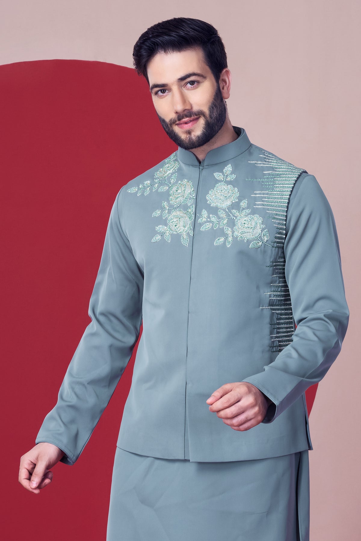 Sage Green Embroidered Jodhpuri Kurta Set - Crafted Just for You. Minimum Delivery: 20 Days