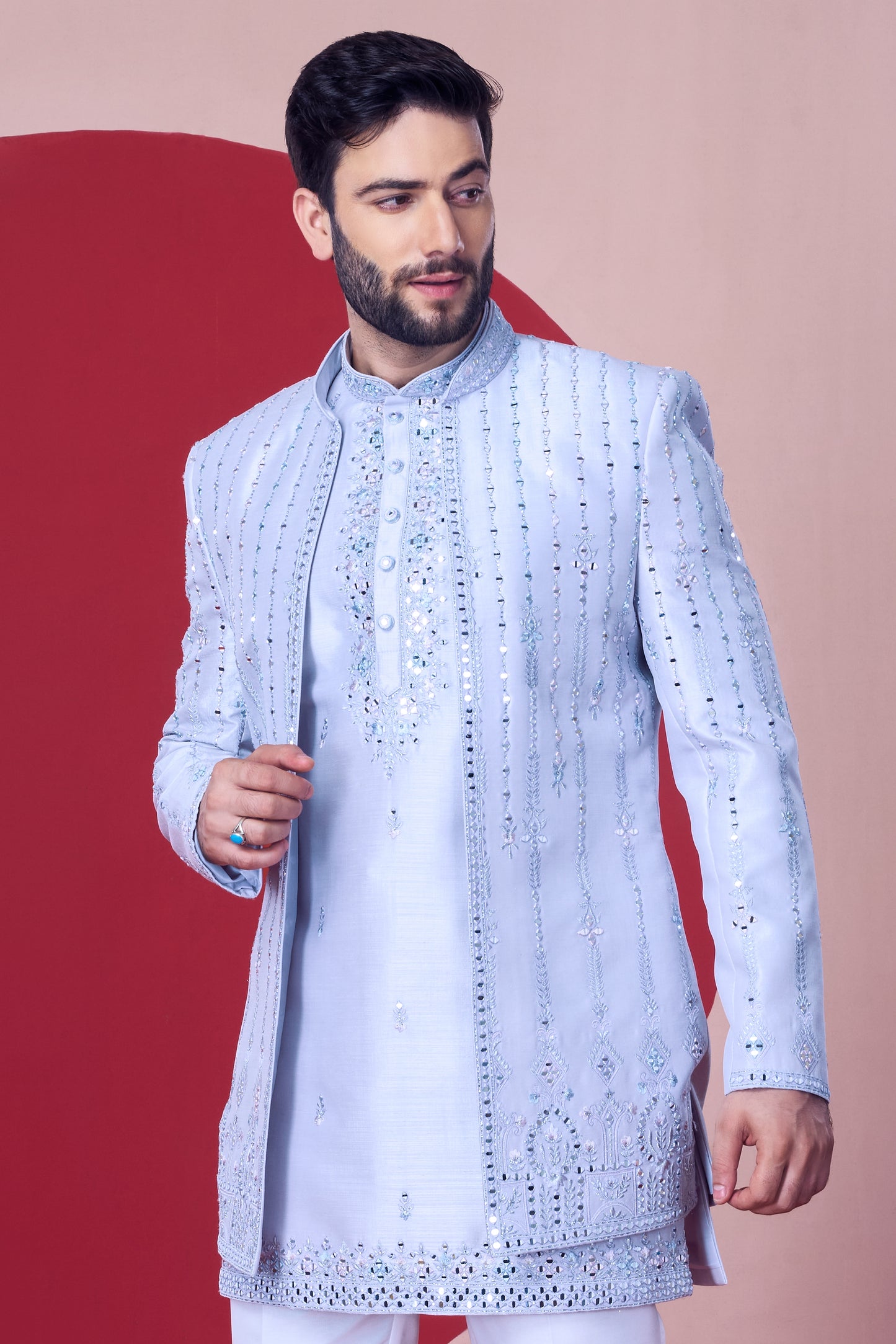 Ethnic Light Blue Hand-Embellished Bandhgala Set - Crafted Just for You. Minimum Delivery: 20 Days