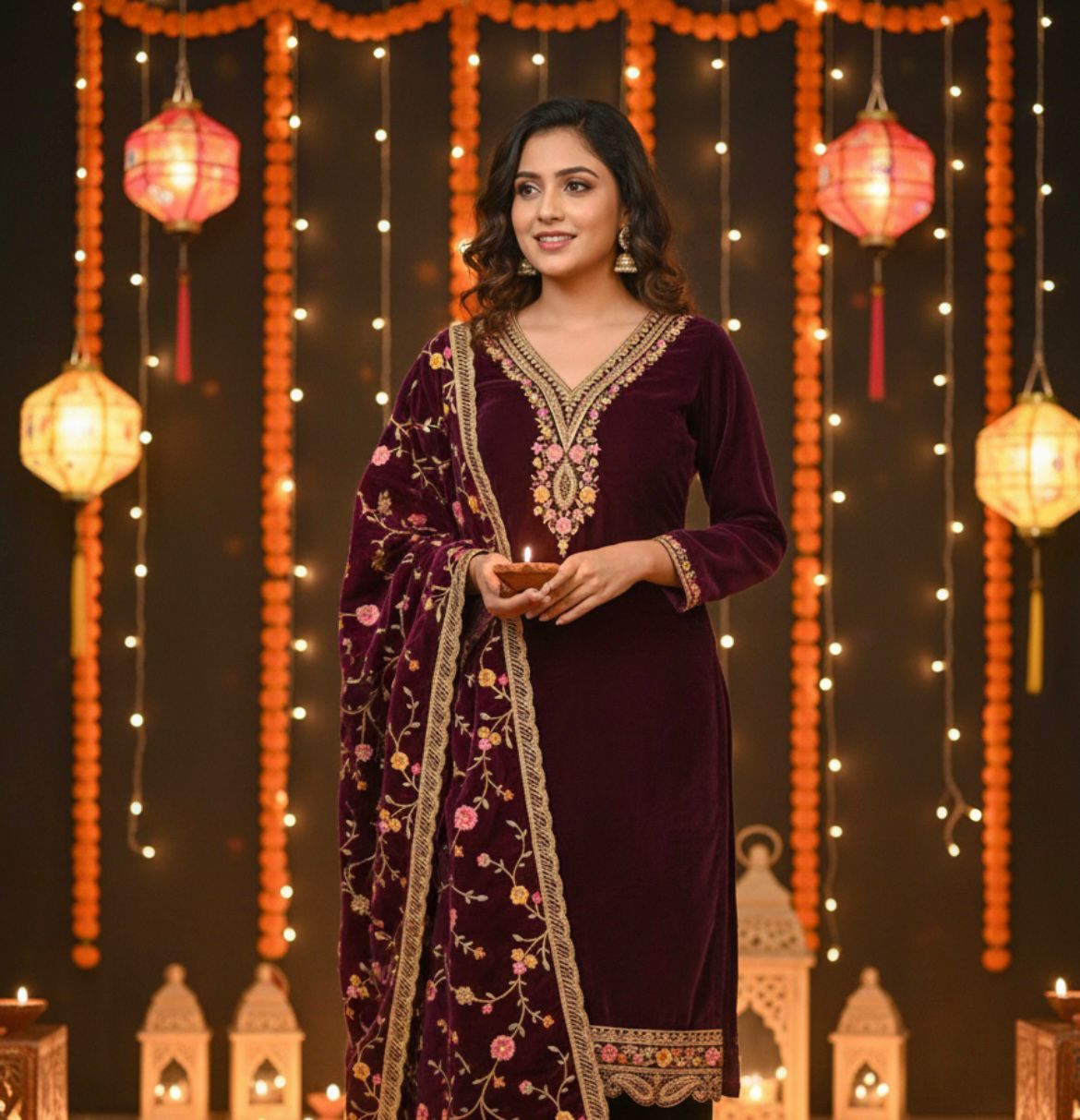 Elegant Maroon Velvet Suit Set