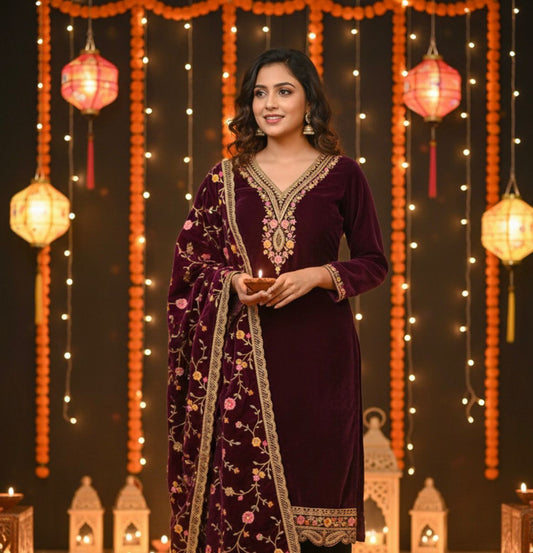 Elegant Maroon Velvet Suit Set