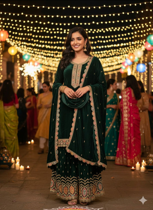 Enchanting Emerald Velvet Sharara Set