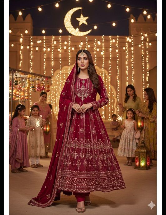 Maroon Embroidered Anarkali Set