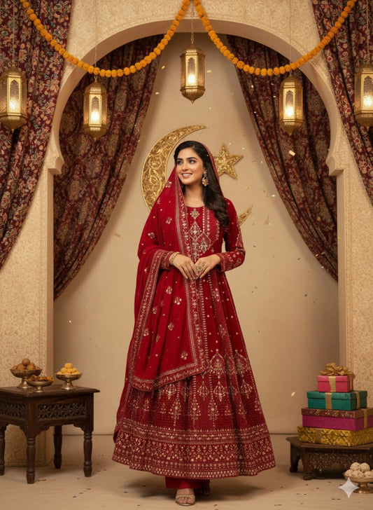 Red Festive Embroidered Anarkali Set