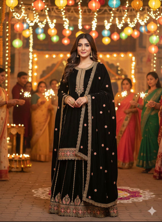 Velvet Black Embroidered Anarkali Set