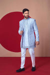 Ethnic Light Blue Hand-Embellished Bandhgala Set - Crafted Just for You. Minimum Delivery: 20 Days