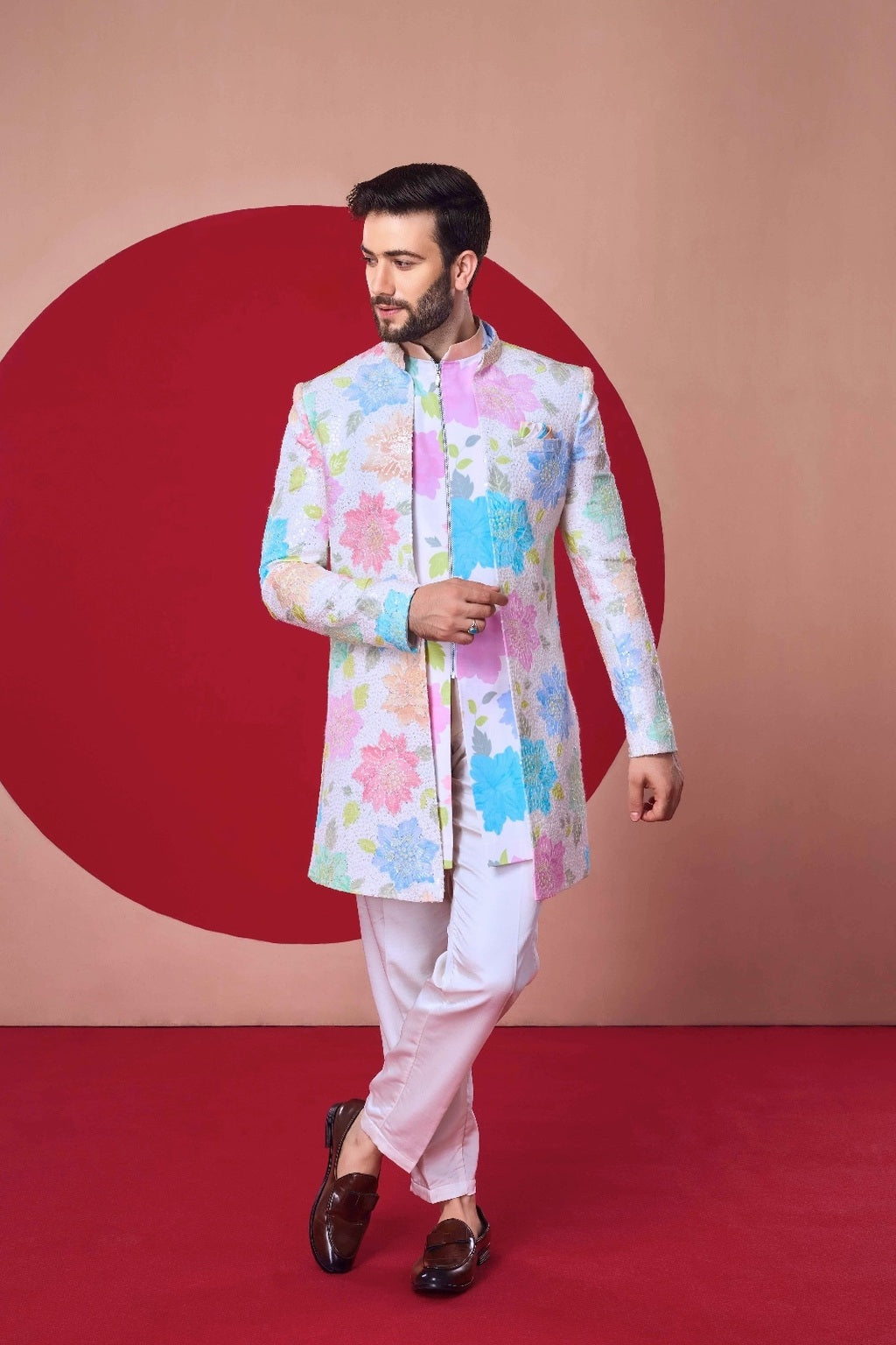 Pastel Floral Indo-Western Jodhpuri Set - Crafted Just for You. Minimum Delivery: 20 Days