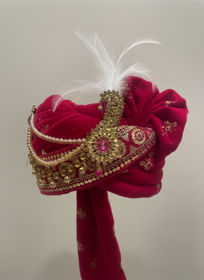 Pink Groom Safa with Feather & Stone Brooch