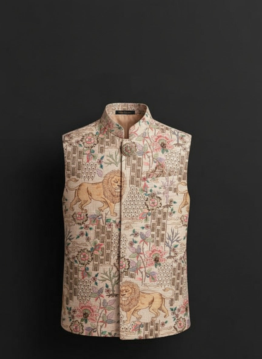 Men’s Regal Printed Modi Jacket – Lion & Floral Motif Design – Crafted Just for You.