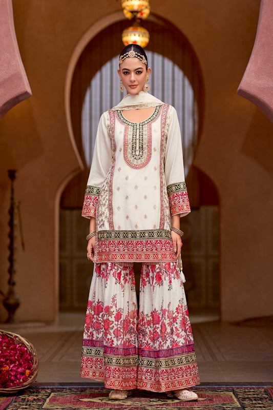 Elegant Off-White Floral Embroidered Sharara Suit for Women