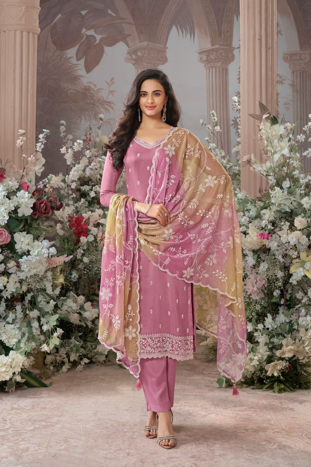 Pink Embroidered Suit with Ombré Dupatta