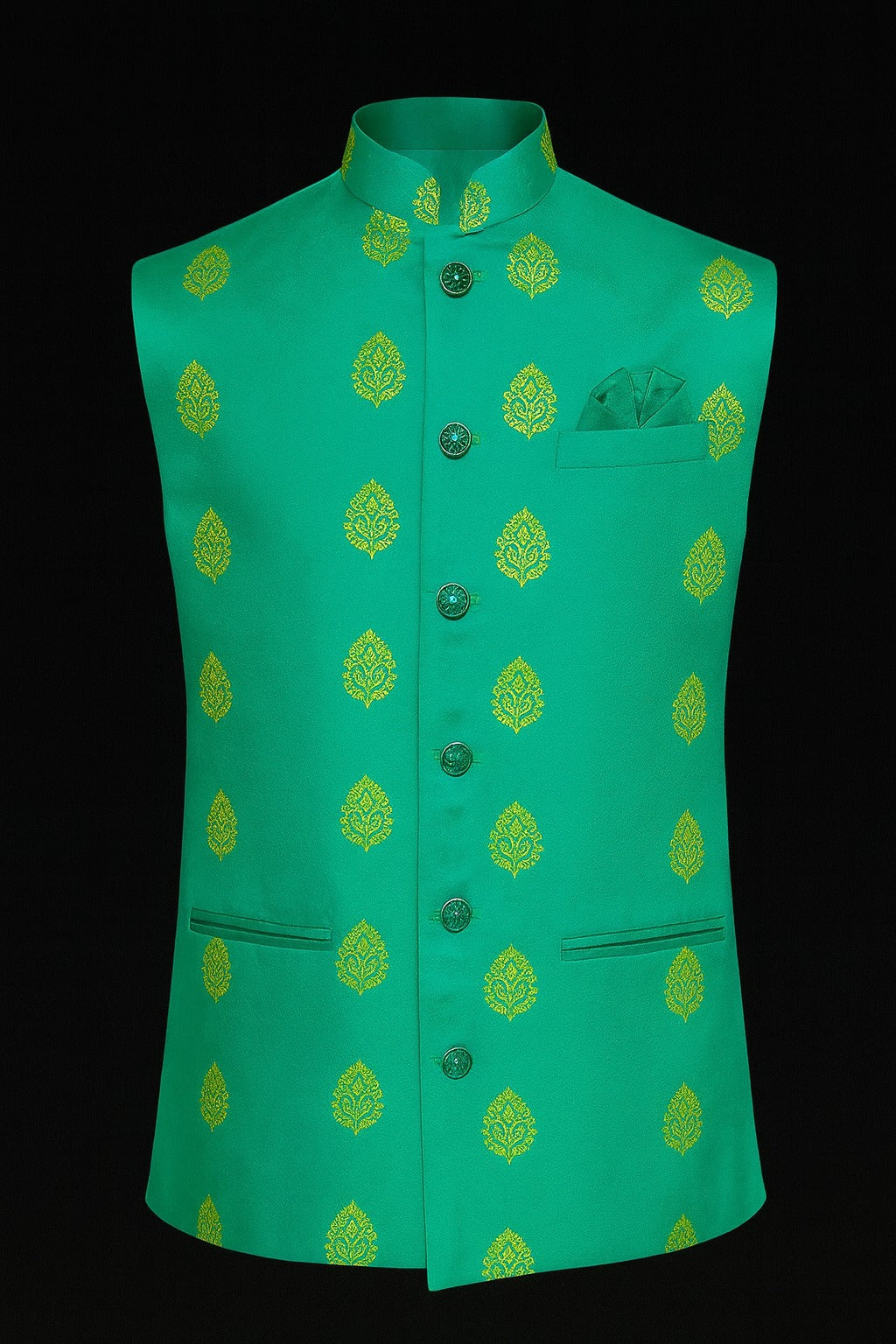 Designer Embroidered Nehru Jacket – Emerald Green