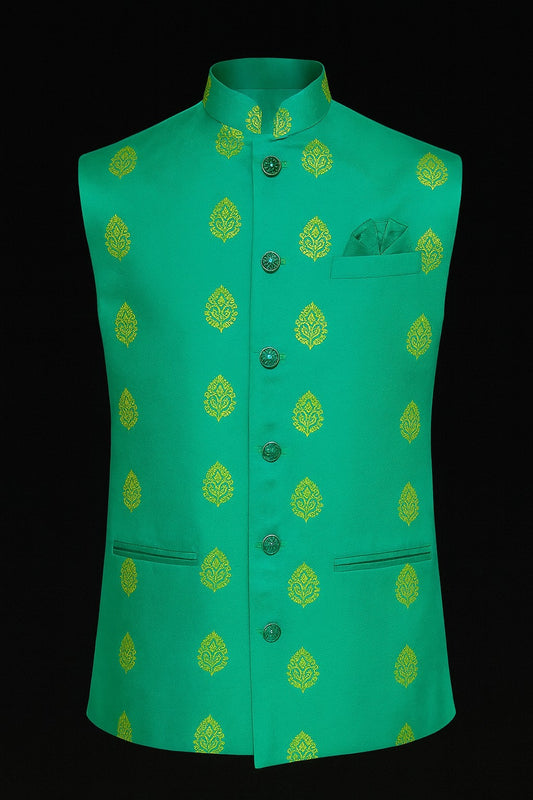 Designer Embroidered Nehru Jacket – Emerald Green