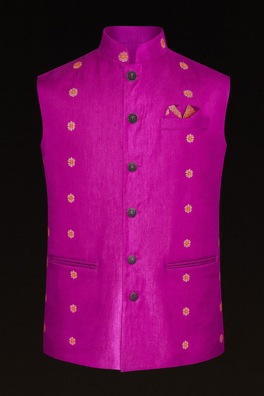 Designer Embroidered Nehru Jacket – Magenta Pink