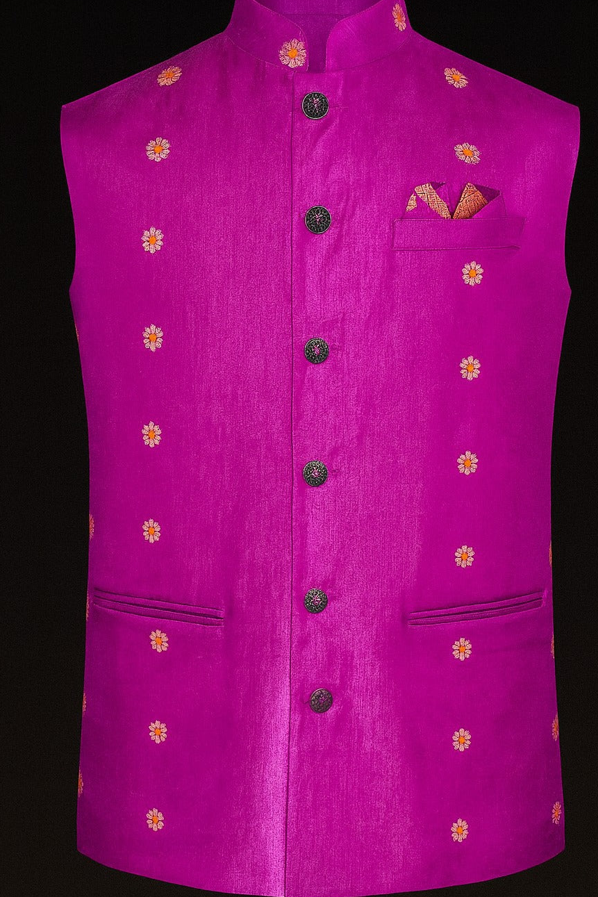 Designer Embroidered Nehru Jacket – Magenta Pink