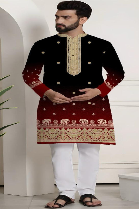 Black & Maroon Royal Embroidered Kurta with Elephant Motif