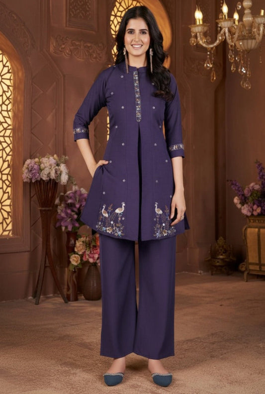 Purple Embroidered Ethnic Co-Ord Set