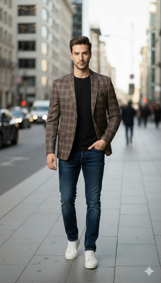 Royal Brown Checkered Luxury Men’s Blazer  Description: