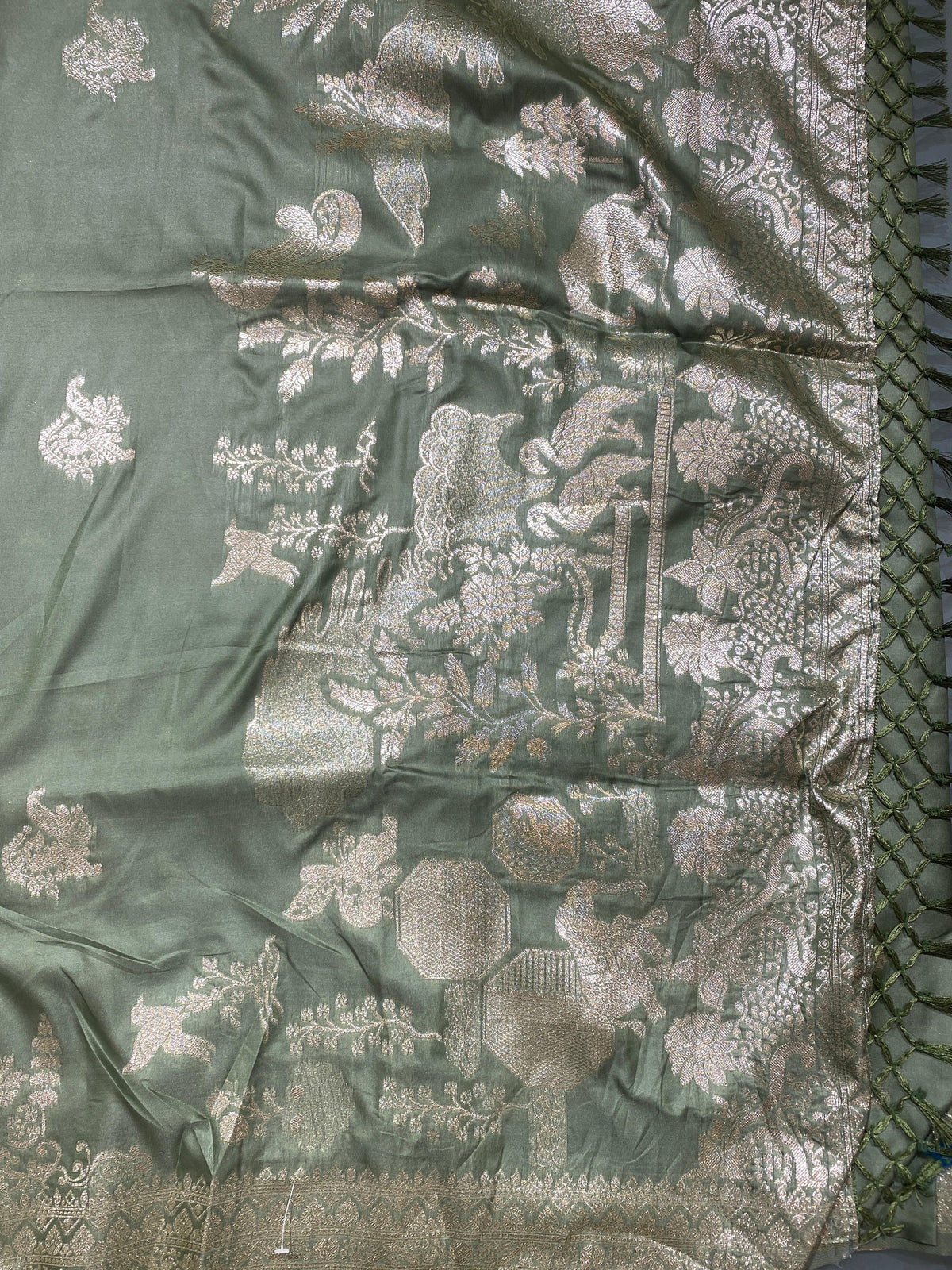 Sage Green Banarasi Silk Saree with Intricate Silver Zari Motifs