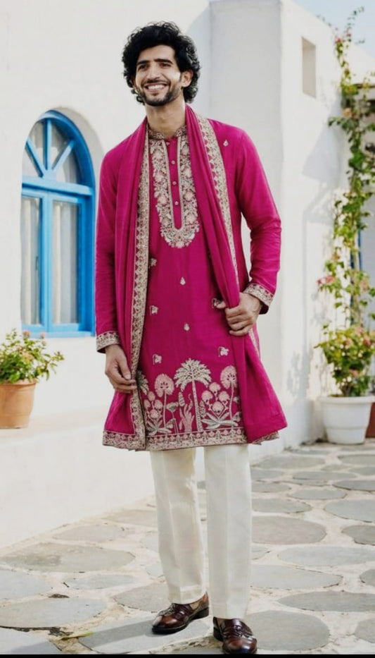 Royal Magenta Embroidered Salwar Kurta Dupatta Set for Men