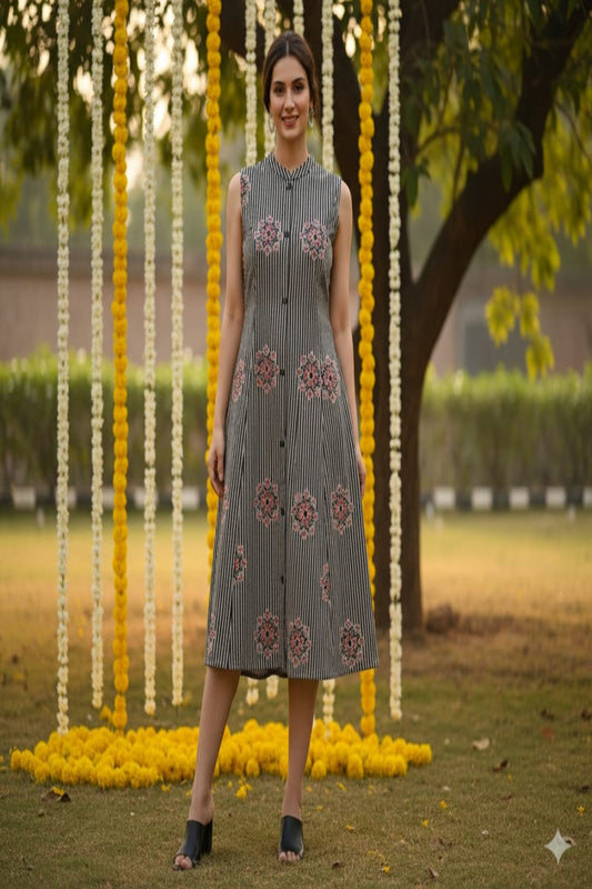 Women Black & White Striped Floral Printed Middy