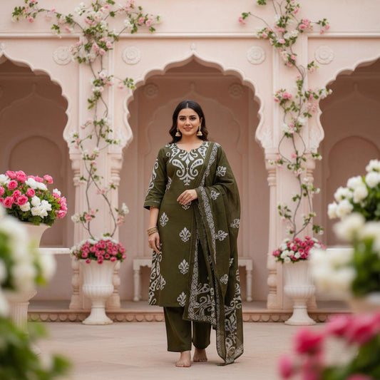 Women Olive Green Ethnic Printed Kurti Dupatta Set